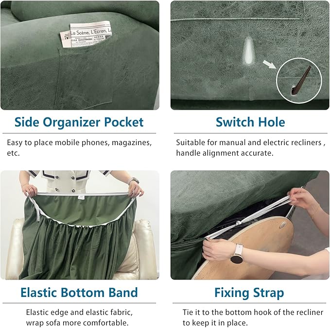 Chair Covers 4-Pieces Recliner Chair Covers 1 Seater Cover for Recliner Chair Leather Look Recliner Slipcovers with Pockets Spandex Fabric Furniture Covers(Recliner, Army Green)