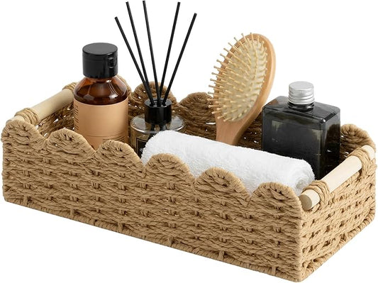 StorageWorks Toilet Paper Storage Basket, Living Room Organizers and Storage, Toilet Paper Basket with Wooden Handles, Small Paper Rope Scalloped Basket, Brown