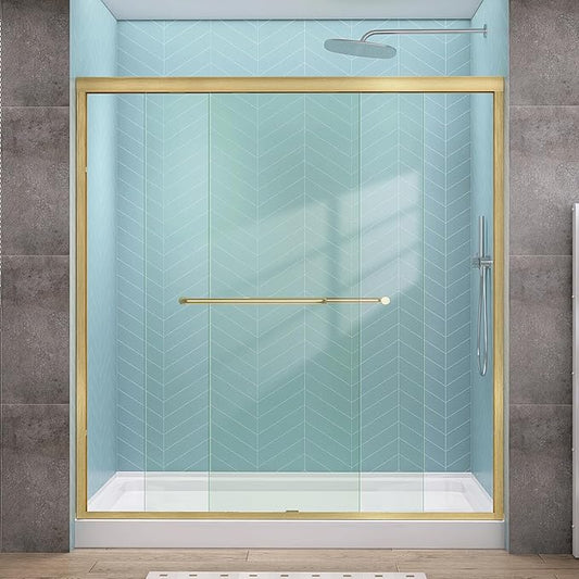 GETPRO Shower Door Double Sliding 68-72 in. W x 72 in. H Semi-Frameless Bypasss Bathroom Glass Shower Sliding Doors,1/4 inch Clear Tempered Glass Door for Walk-in Shower Brushed Gold