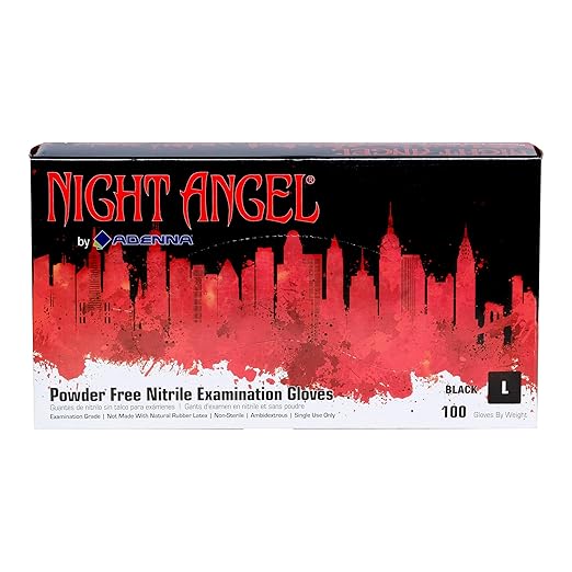 Adenna NGL226 Night Angel 4 mil Powder-Free Nitrile Exam Gloves, Medical Grade, Large, Black, Box of 100