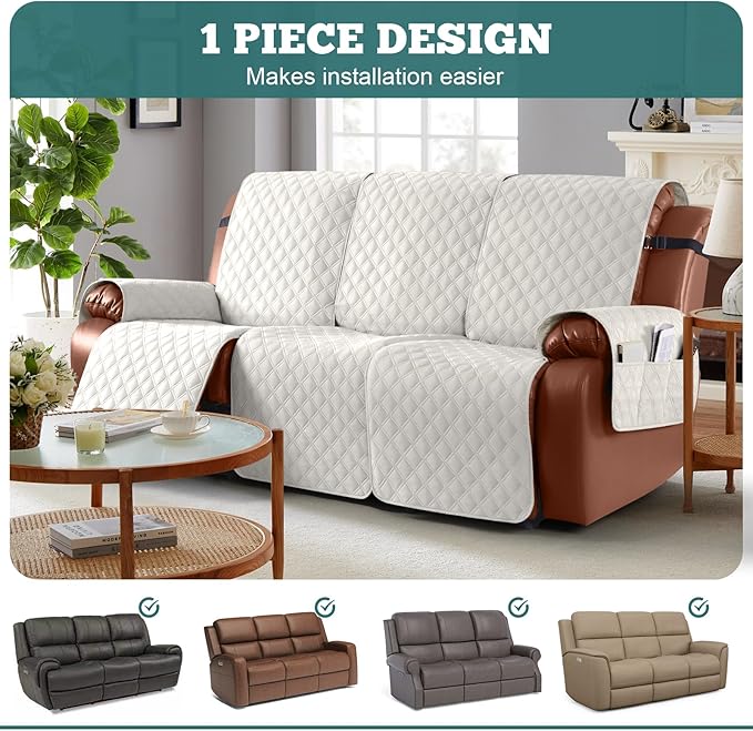 Ruaozz Waterproof Recliner Couch Covers, Sofa Slipcovers Washable 1-Piece Recliner Covers Non-Slip Furniture Protector with Elastic Straps Pocket for Kids Pets(Beige, 3 Seater)