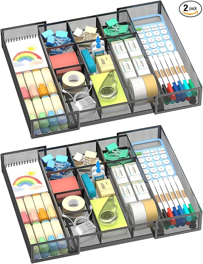 2 Pack Expandable Desk Drawer Organizer Tray with 10 Adjustable Compartments Metal Mesh Office Drawer Organizer for Home, School Supplies, Makeup Vanity & Jewelry (Black)