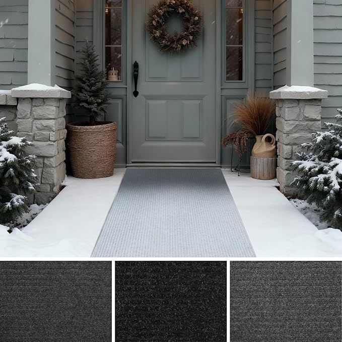 iCustomRug Ribbed Hallway Runner – 3'x10' Grey, Indoor/Outdoor, Non-Slip TPR Rubber Backing, Low-Profile All-Weather Carpet, Non-Shedding & Easy Care, Utility Rug Ideal for High Traffic Areas