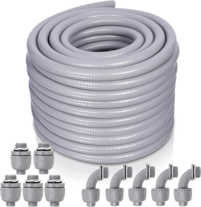 Liquid-Tight Conduit and Connector Kit - 3/4 Inch 75 FT Non Metallic Liquid Tight Electrical Conduit with 5 Straight and 5 Angle Fittings