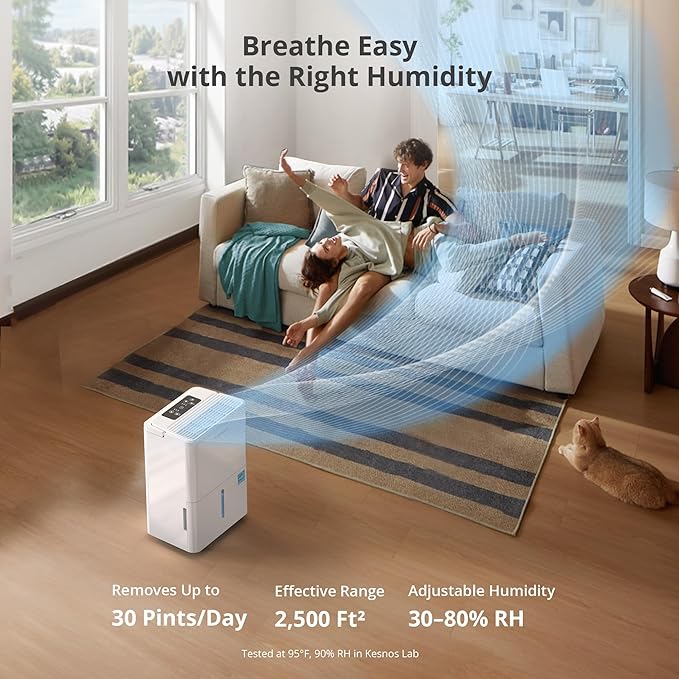 Kesnos 30 Pints Energy Star 2025 Dehumidifier for Spaces Up to 2,500 Sq. Ft, Quiet Dehumidifier for Home, Bedroom, Bathroom, Basement with Drain Hose, Featuring Mutile Mode, Auto Defrost, Timer