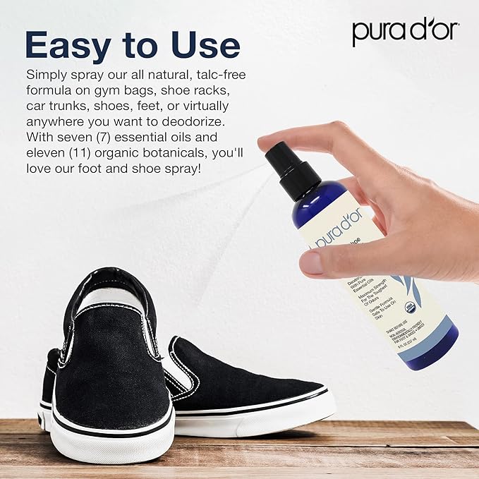 PURA D'OR Organic Shoe & Foot Odor Eliminator Spray (8oz) Deodorizes & Removes Bad Smells with Eucalyptus, Peppermint, Tea Tree, Lemongrass Essential Oil, Maximum Strength (Packaging may vary)