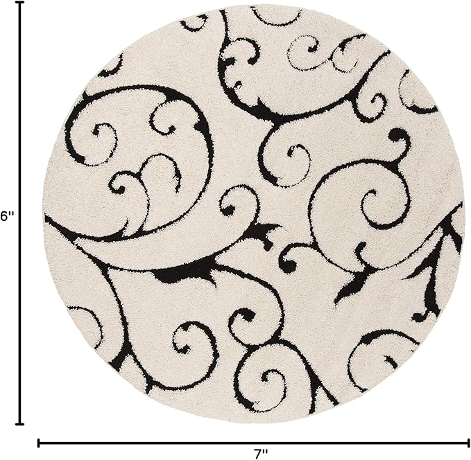 SAFAVIEH Florida Shag Collection Area Rug - 6'7" Round, Ivory & Black, Scroll Design, Non-Shedding & Easy to Clean, High-Low Plush Pile, Ideal for Living Room, Bedroom, Dining Space (SG455-1290)