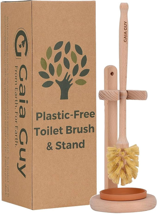 Gaia Guy Beech Wood Toilet Brush with Stand & Ceramic Drip Tray – Eco-Friendly Toilet Scrubber with Sisal Bristles – Compostable, Biodegradable & Plastic-Free Bathroom Cleaner
