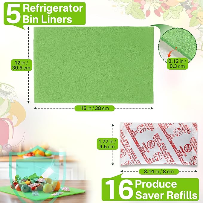 16 Pack Produce Saver Refill Kit with 5 Refrigerator Bin Liners, Carbon Filter Refills Ethylene Gas Absorber for Fruits Keeper & Crisper Inserts, Fridge Liners, Keep Produce Vegetable Fresh