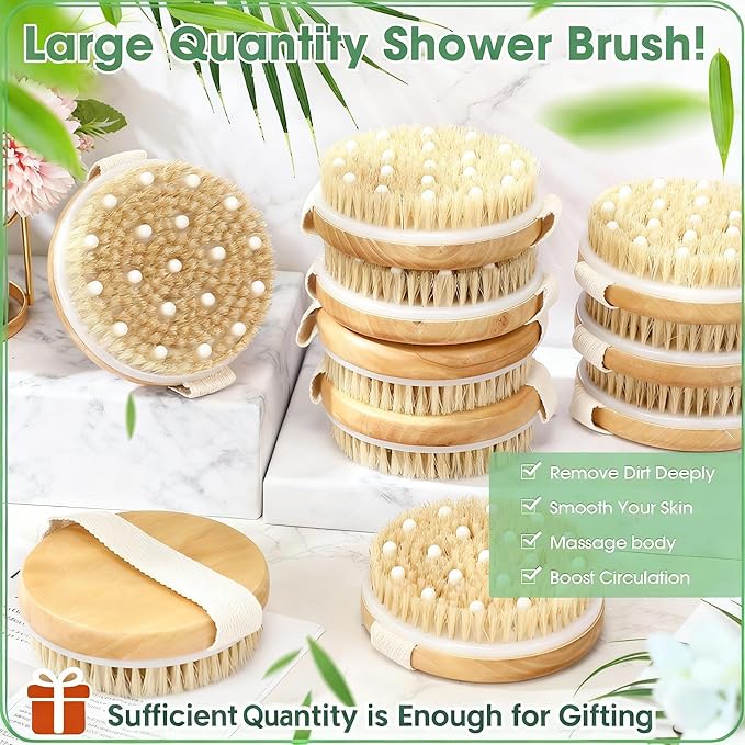 Gejoy 10 Pcs Dry Brushing Body Brush for Lymphatic Drainage Exfoliating Brush with Massage Nodule Dry Skin Body Scrubber Cellulite Shower Circulation Dead Exfoliator (4.3 x 4.3 Inches,Wood Color)