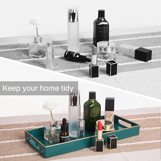 MAONAME Green Bathroom Tray, Plastic Vanity Tray, Narrow Countertop Trays with Handles, Perfume Organizer Trays for Dresser, Bathroom Accessories, 13.8" x 6" x 1.57"