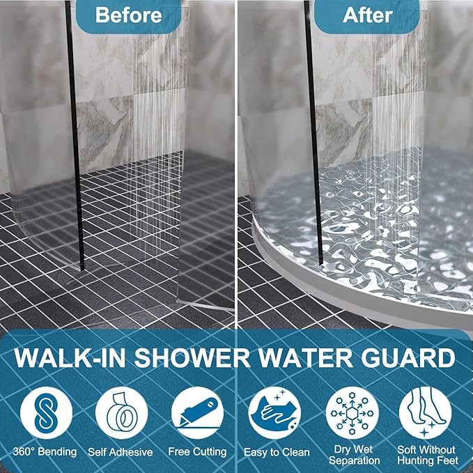 Collapsible Shower Threshold Water Dam, 2025 Upgraded 67'' Shower Water Stopper 3''H Seal Waterproof Shower Guards to Keep Water in Shower, Self Adhesive Water Barrier for Sink Bathroom Kitchen