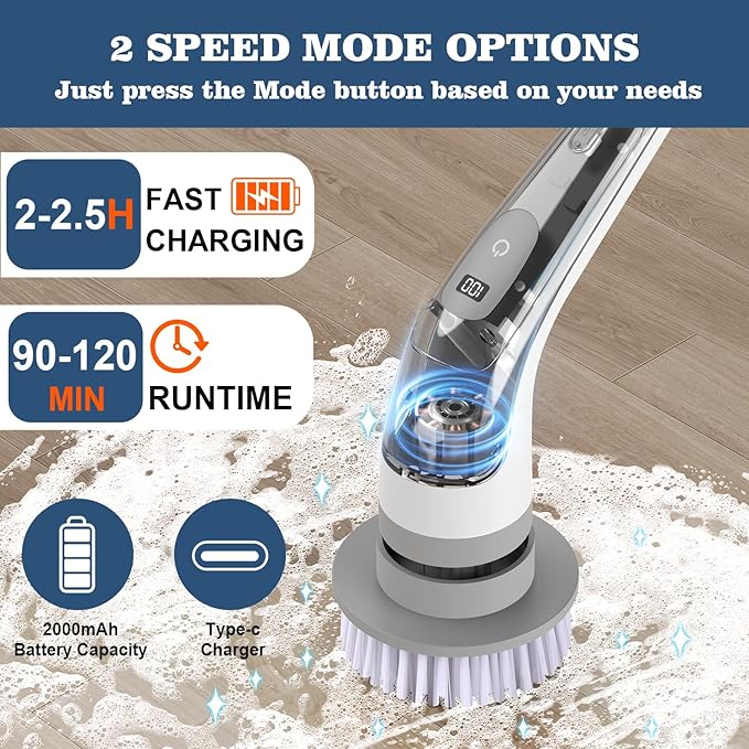 9-in-1 Multi-Purpose Electric Spin Scrubber for Cleaning, 2 Speed Long Handle Shower Scrubber, Replaceable Cleaner Brush Heads for Floors, Windows, Bathtub, Grout, Tiles, Sink, Car, Bathroom