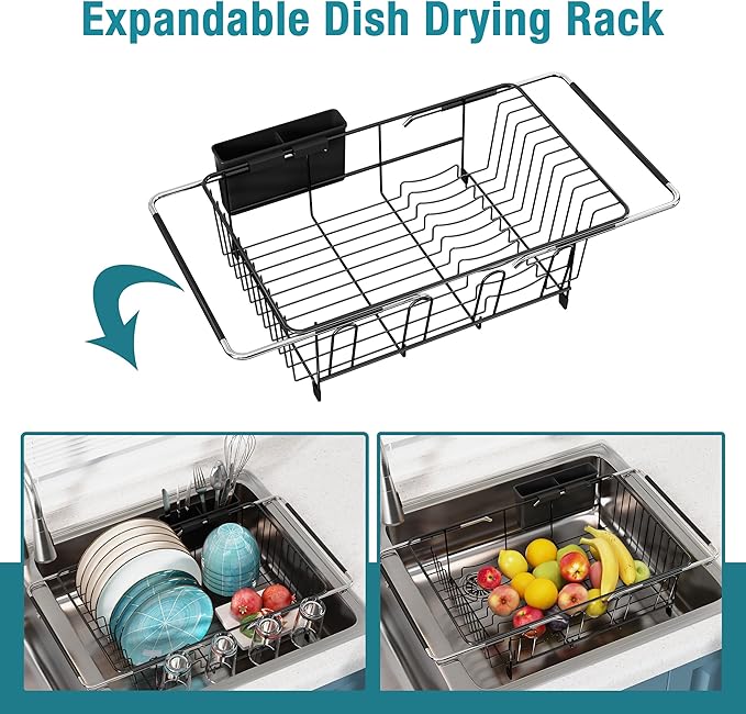 Dish Drying Rack Over the Sink In Stainless Steel Black Expandable Drainer for Small Kitchen, Counter Space Saving Compact Inside Sink Plate Dryer, Adjustable Hanging Metal Wire Strainer Drain Holder