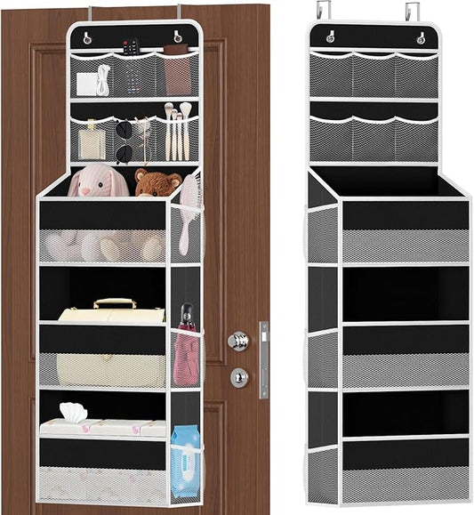 5-Tier Over the Door Organizer with Mesh Pockets, Baby Nursery Storage for Closet, Bathroom and Bedroom, Adjustable Hanging Closet Organizer for Cosmetics, Books and Essentials（Black）