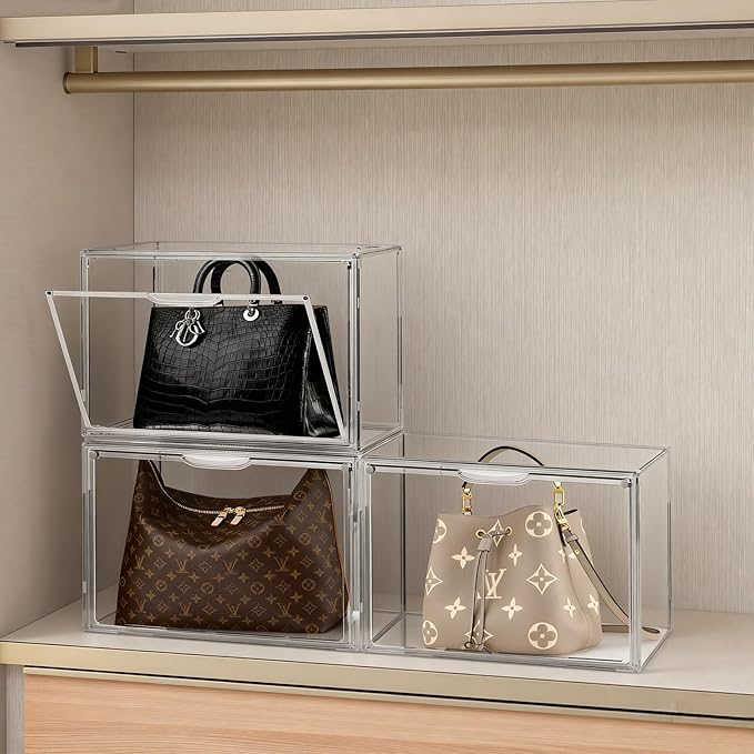 3 Pack Clear Acrylic Purse Organizer for Closet, Stackable Handbag Storage Boxes with Magnetic Doors, Dustproof Display Cases for Bags, Shoes & Collectibles