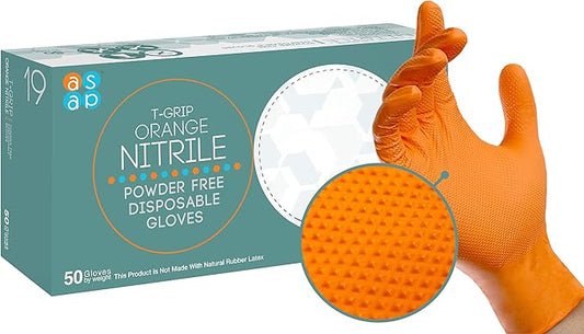 ASAP T-grip Orange Nitrile Gloves Disposable Latex Free 8 Mil, Raised Textured Grip Powder Free, Mechanic & Safety