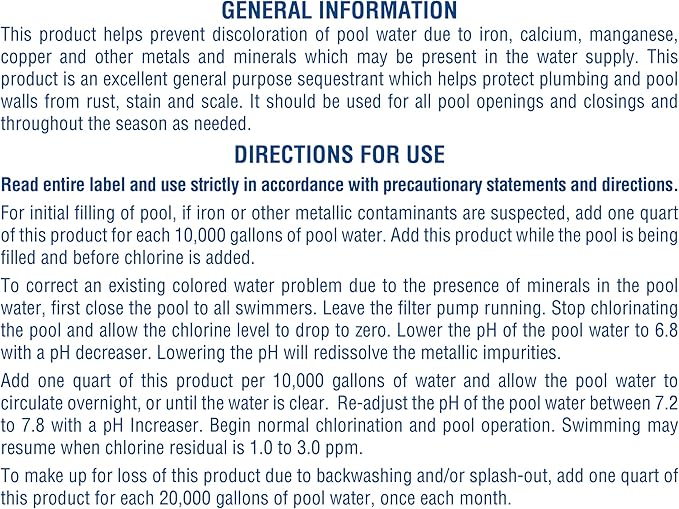 Pool Mate 1-Quart Concentrated Metal Out Stain and Mineral Inhibitor, Pool Metal Remover, Stain Remover, Made in USA