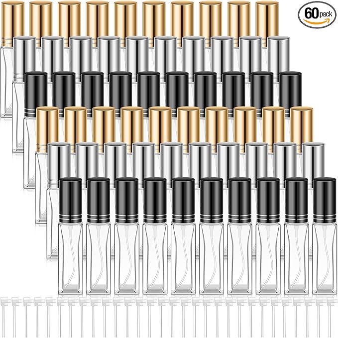 Domensi 60 Pcs 8 ml Empty Glass Perfume Bottles Bulk - Gold,Silver,Black Refillable Cologne Spray Atomizer with Pump, for Travel, Skincare, Haircare, Cleaning & DIY Essentials
