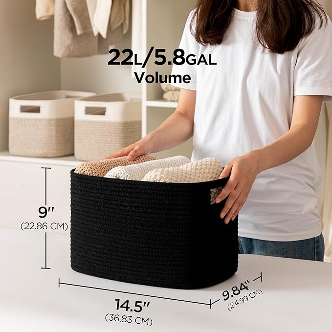 UBBCARE 2 Pack Storage Baskets for Organizing, Shelf Baskets with Handles, Woven Storage Baskets for Bookcase/Cube Shelf/Closet, 14.5"L x 9.8"W x 9"H, Black