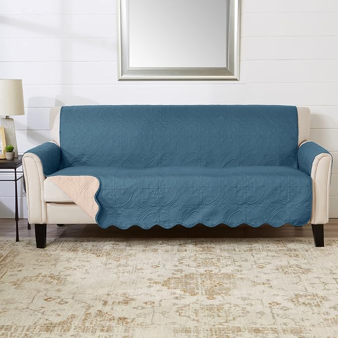 Great Bay Home Reversible Sofa Cover - Washable Slipcover Furniture Protector with Elastic Straps - Couch Cover for Dogs, Kids, and Pets - Quilted & Stitched Detail (Sofa, Smoke Blue/Ivory)