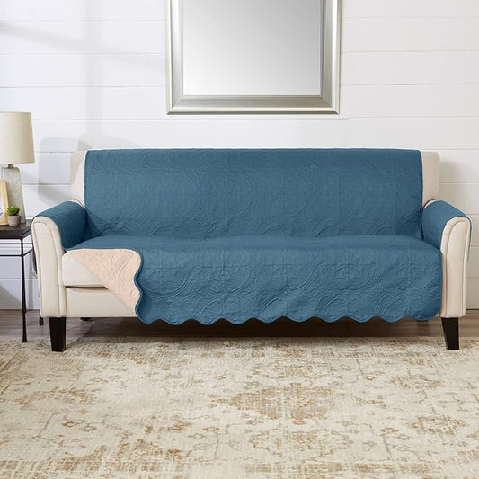 Great Bay Home Reversible Sofa Cover - Washable Slipcover Furniture Protector with Elastic Straps - Couch Cover for Dogs, Kids, and Pets - Quilted & Stitched Detail (Sofa, Smoke Blue/Ivory)