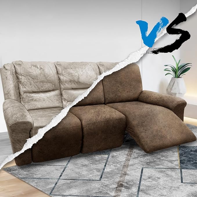 Couch Cover 8-Pieces Sofa Covers Washable Recliner Sofa Covers 3 Seater Leather Look Recliner Slipcovers with Pockets Spandex Fabric Furniture Covers(Recliner Sofa, Light Brown)
