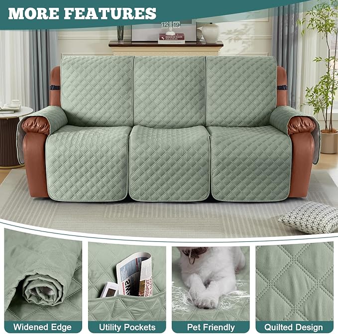 Ruaozz Waterproof Recliner Sofa Covers, 1-Piece Couch Covers for Reclining Couches Reclining Couch Cover Washable Furniture Protector with Elastic Straps Pocket for Kids Pets (Sage Green, 3 Seater)