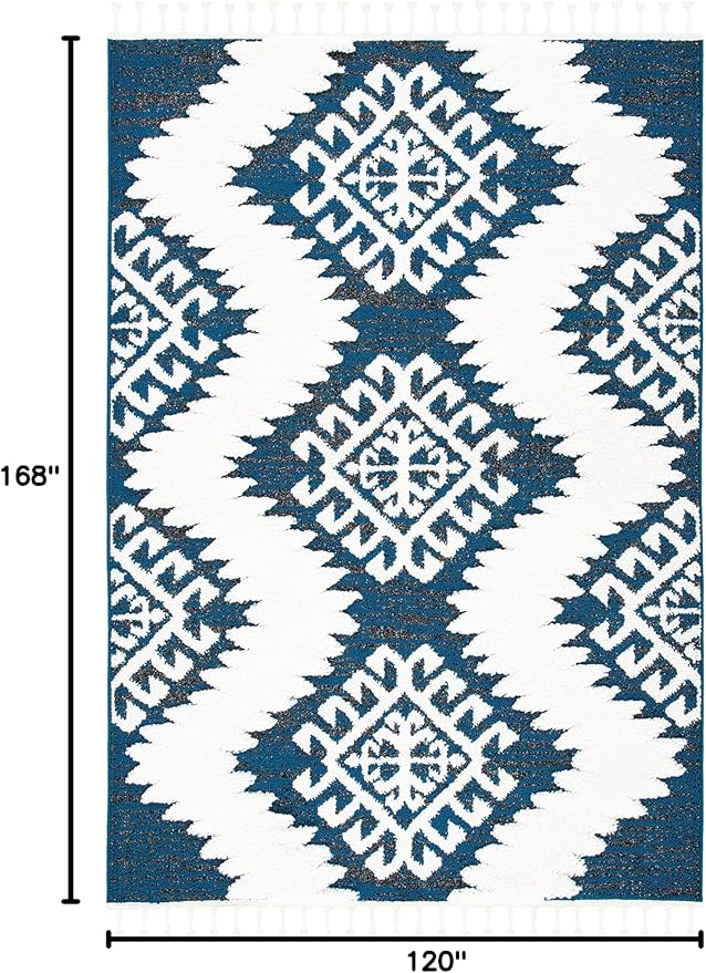 SAFAVIEH Moroccan Tassel Shag Collection Area Rug - 10' x 14', Navy & Ivory, Boho Rustic Trellis, Non-Shedding & Easy Care, 2-inch Thick Ideal for High Traffic Areas in Living Room, Bedroom (MTS652N)