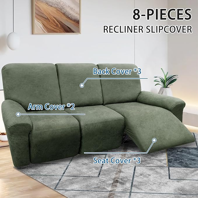 Couch Cover 8-Pieces Sofa Covers Washable Recliner Sofa Covers 3 Seater Leather Look Recliner Slipcovers with Pockets Spandex Fabric Furniture Covers(Recliner Sofa, Army Green)