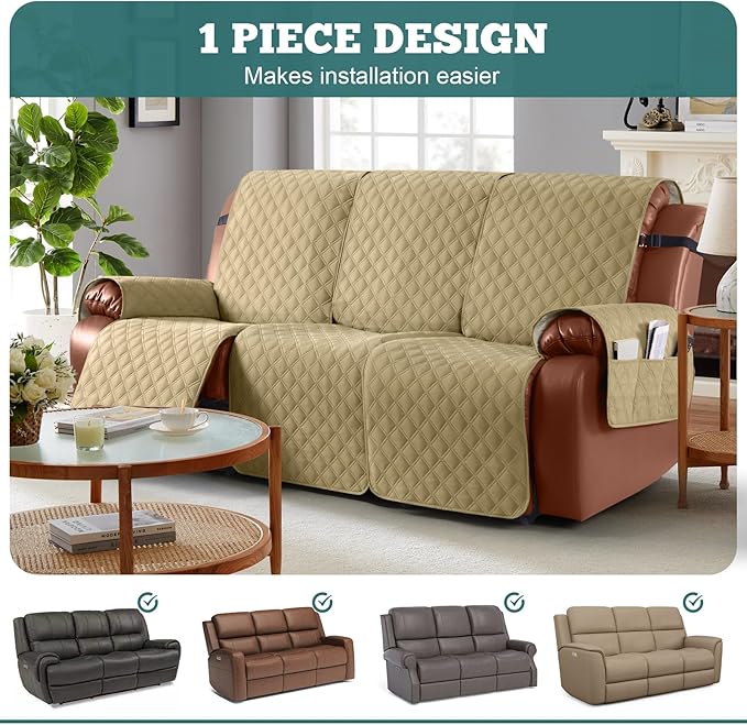 Ruaozz Waterproof Recliner Sofa Covers, 1-Piece Couch Covers for Reclining Couches Reclining Couch Cover Washable Furniture Protector with Elastic Straps Pocket for Kids Pets (Sand, 3 Seater)