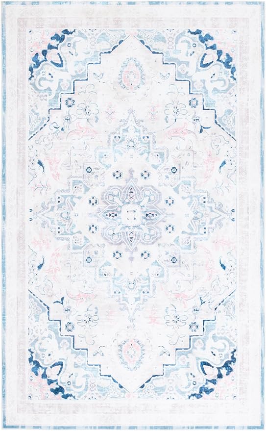 Safavieh Washable Rug Arizona Collection - 6' x 9', Ivory & Aqua, Slip Resistant & Easy to Clean, Ideal for Living Room, Bedroom, Home Office, Dining Space (ARZ324A)