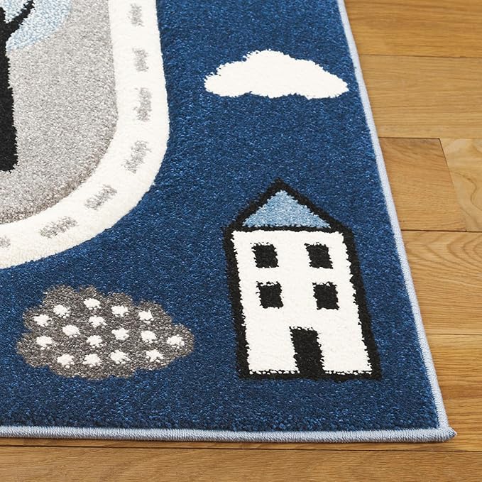 SAFAVIEH Carousel Kids Collection Area Rug - 6'7" Square, Grey/Blue, Geometric Design, Ideal for High Traffic Areas in Living Room, Bedroom, Dining (CRK193M)