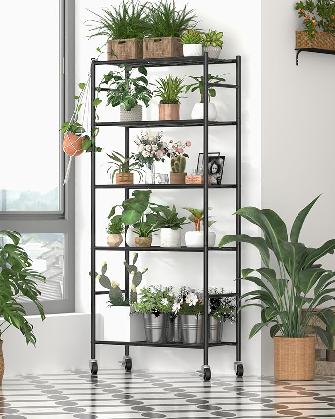 Storage Shelves Organizer - 5 Tier Metal Shelf Organizer with Metal Wheels and Adjustable Leveling Feet, Heavy Duty Garage Shelving for Kitchen, Pantry and Closet, 33.1"x12.6"x73.5", Black