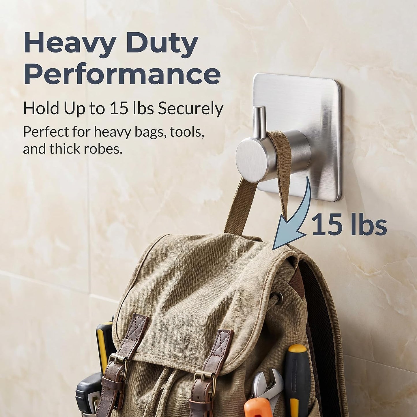 Adhesive Wall Hooks Stainless Steel 6-Pack — No-Drill, 15 lbs Heavy Duty for Bathroom, Kitchen & Entryway