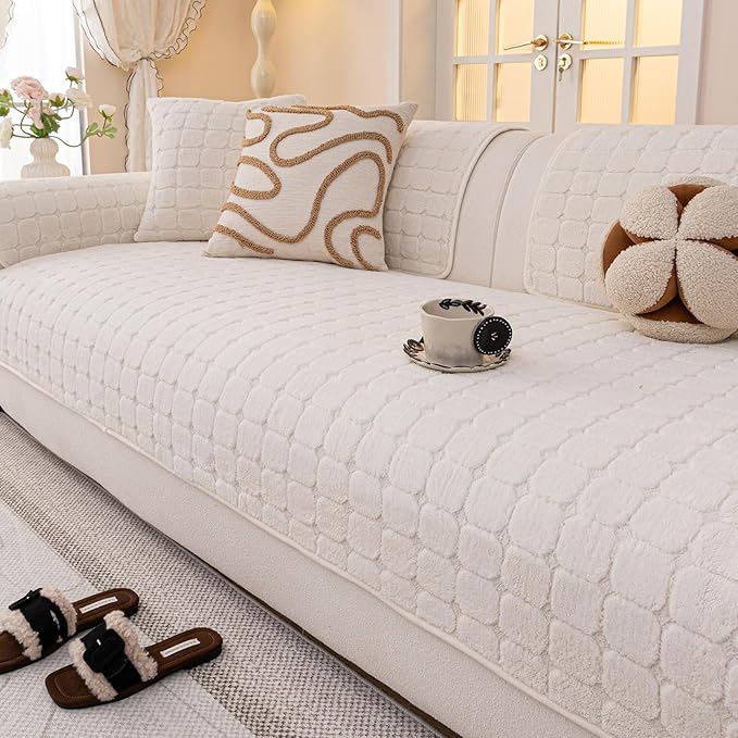 Velvet Sofa Covers Washable, Plush Warm Couch Cover for Loveseat, Funny Fuzzy Couch Covers for Pets&Kids, Non-Slip Sectional Sofa Cover(1PC, Beige White, 35.4"×47.2", Loveseat)