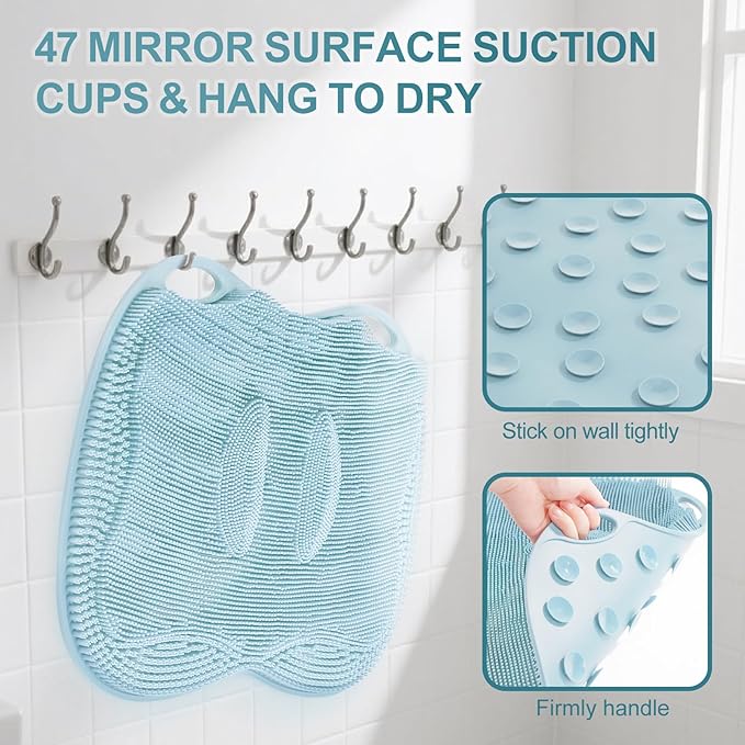 XL Shower Foot Scrubber Mat, Silicone Feet Massage Scrubber in Shower Clean Foot Toes Pad without Bending Non-slip Suction Cups -Blood Circulation Exfoliate Achy Relief 17.4*13.4" Light Blue