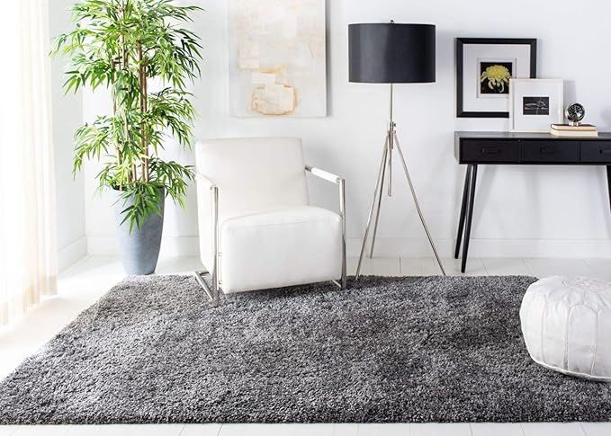 SAFAVIEH Fontana Shag Collection Area Rug - 6'7" x 9', Silver, Solid Design, Non-Shedding & Easy Care, 2-inch Thick Ideal for High Traffic Areas in Living Room, Bedroom (FNT800G)