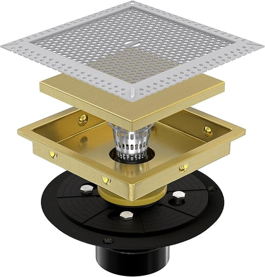 6 Inch Square Gold Shower Drain with Flange,Modern Floor Drain with 2-in-1 Cover Tiled Insert Grate,SUS 304 Stainless Steel