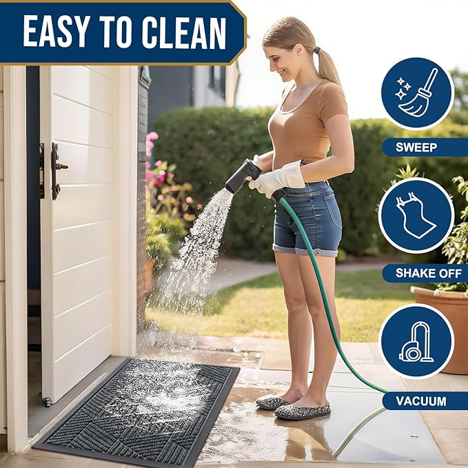 Kitinjoy Front Door Mat Outside Entrance, Sturdy Natural Dirt Trapper, Heavy Duty Rubber Doormat, Low Profile Non-Slip Backing, Easy Clean Floor Mat for Indoor Outdoor Entry, 47X32 Inch, Grey