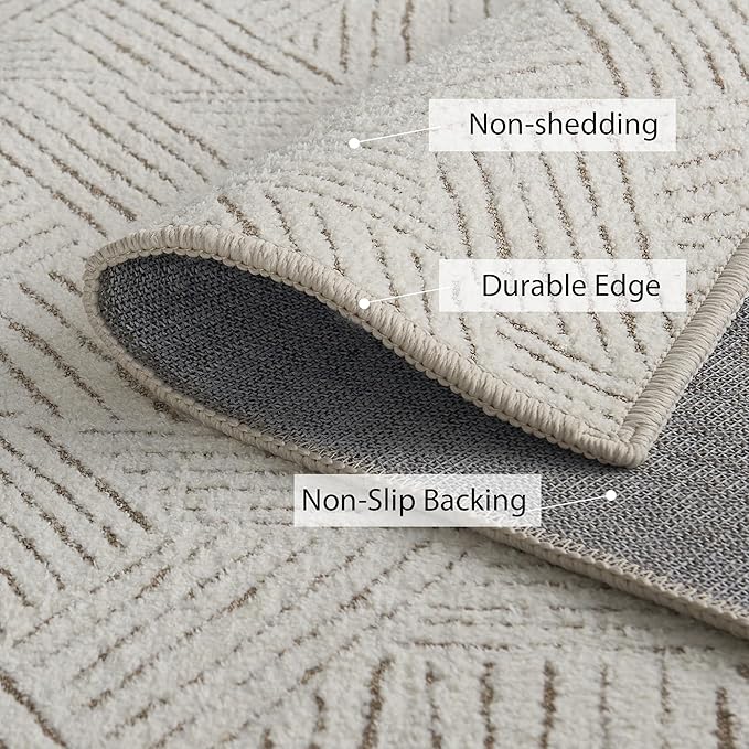NICETOWN Cream Area Rug 5x7 for Living Room- Non slip Thin Jacquard Brown Machine Washable Rug Geometric Modern for Bedroom Large Entryway Rug with Rubberback Throw Carpet for Bedroom, white and Brown