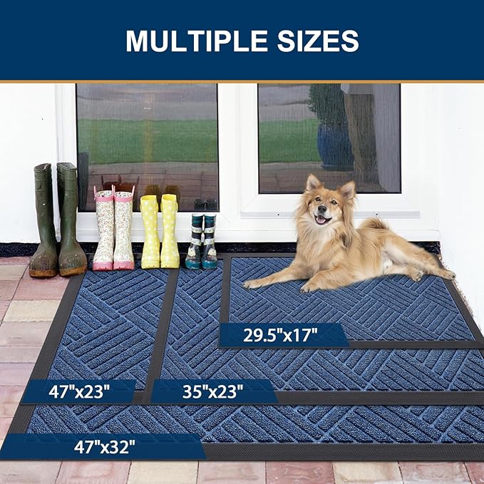Smiry Front Door Mat Outside Entrance, Heavy Duty Outdoor Indoor Mat, Natural Rubber Doormat, Non Slip, Trap Dirt and Moisture, Easy Clean, Low Profile Patio Porch Entryway Mat, 29.5x17, Ocean Blue