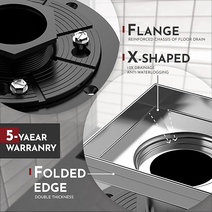 WEBANG 6 Inch Square Shower Drain Brushed Floor Drain with Flange Wave-Hole Pattern Cover Grate Removable SUS304 Stainless Steel Watermark&CUPC Certified Brushed
