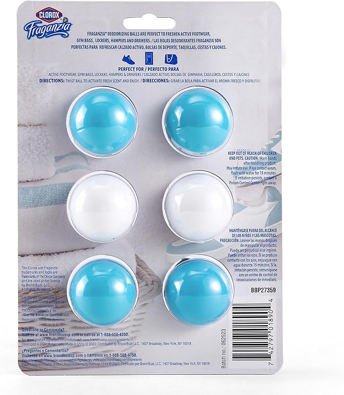 Clorox Fraganzia Deodorizing Balls for Shoes & Small Spaces, Battery-Free No-Plug Air Freshener Pods, Twist-to-Activate Odor Refresher for Gym Bags, Lockers & Drawers, Fresh Ocean Breeze, 6 Ct - 12 Pk