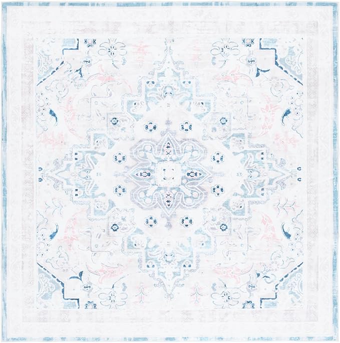 Safavieh Washable Rug Arizona Collection - 6' Square, Ivory & Aqua, Slip Resistant & Easy to Clean, Ideal for Living Room, Bedroom, Home Office, Dining Space (ARZ324A)