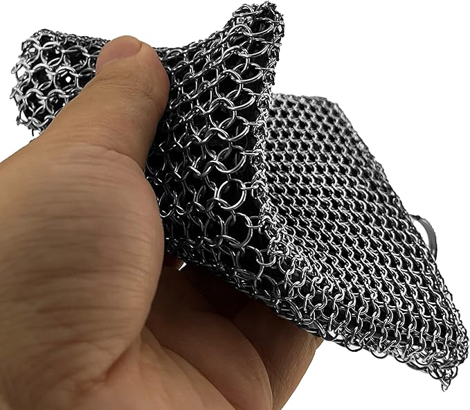 Cast Iron Chainmail Scrubber - Fine Ring - 316 Stainless Steel Skillet Cleaner - Built-in Silicone with Welded Rings - for Cookware, Cast Iron Pots, BBQ and Plates (Standard 2 in 1)