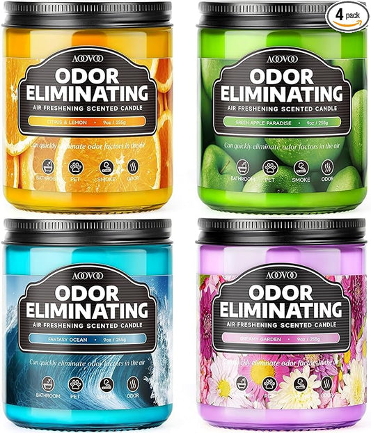 AOOVOO 4 Pack Odor Eliminating Highly Fragranced Candle - Eliminates 95% of Pet, Smoke, Food, and Other Smells Quickly, Air Freshing Soy Candle, Citrus Lemon/Ocean/Apple/Dreamy Garden