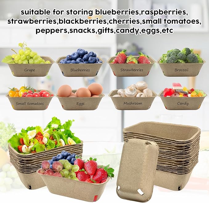 50 Pcs Natural Pulp Fiber Berry Basket, Molded Berry Basket Produce Vented Container for Strawberry Blueberry Raspberry and Vegetable Small Farmer Market Grocery Stores, Backyard Party 7.3x4.3x2.8inch