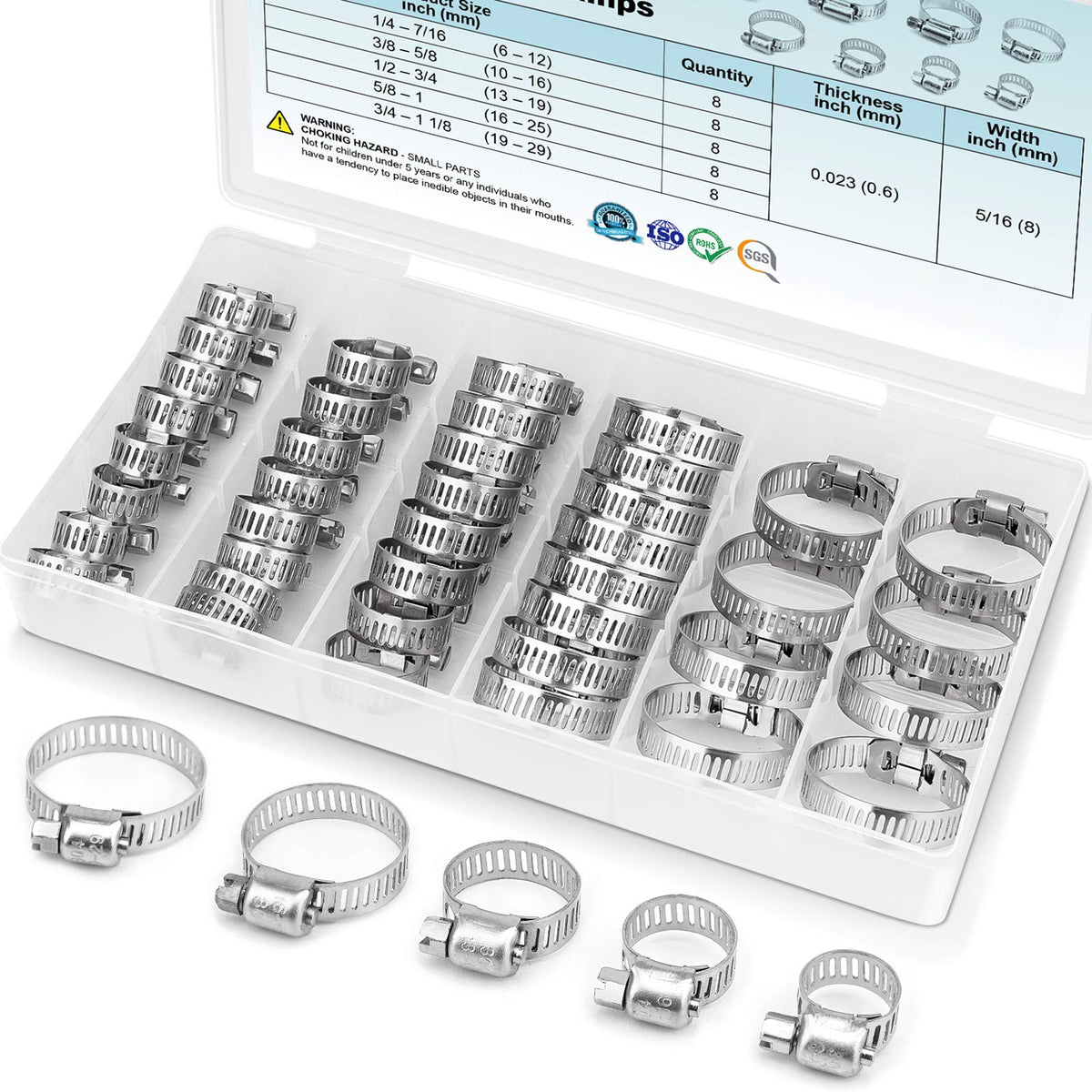 TICONN 40PCS Hose Clamps Set 304 Stainless Steel, 1/4''–1-1/8'' - Image 1
