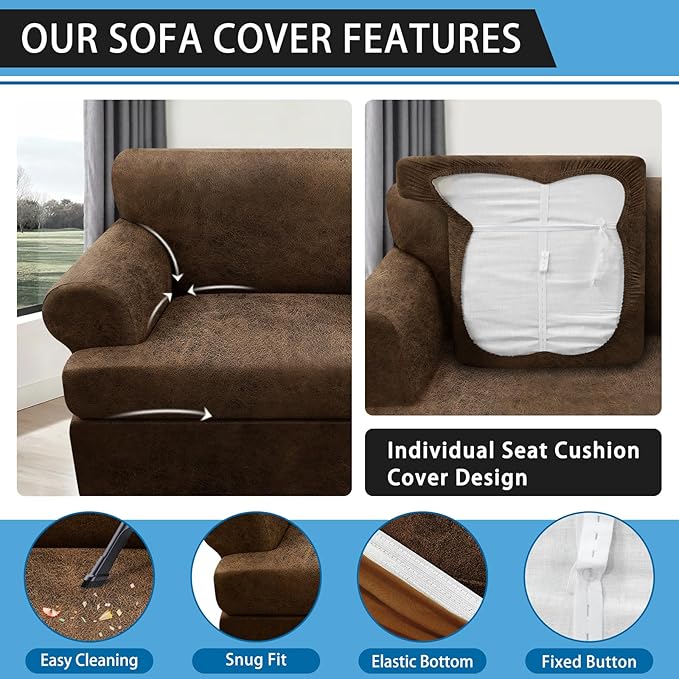 3-Pieces T Cushion Sofa Slipcovers Leather Look Couch Cover for 2 Cushion Couch Furniture Protector Stretch Sofa Cover with 2 Individual T Cushion Seat Covers Washable, Brown